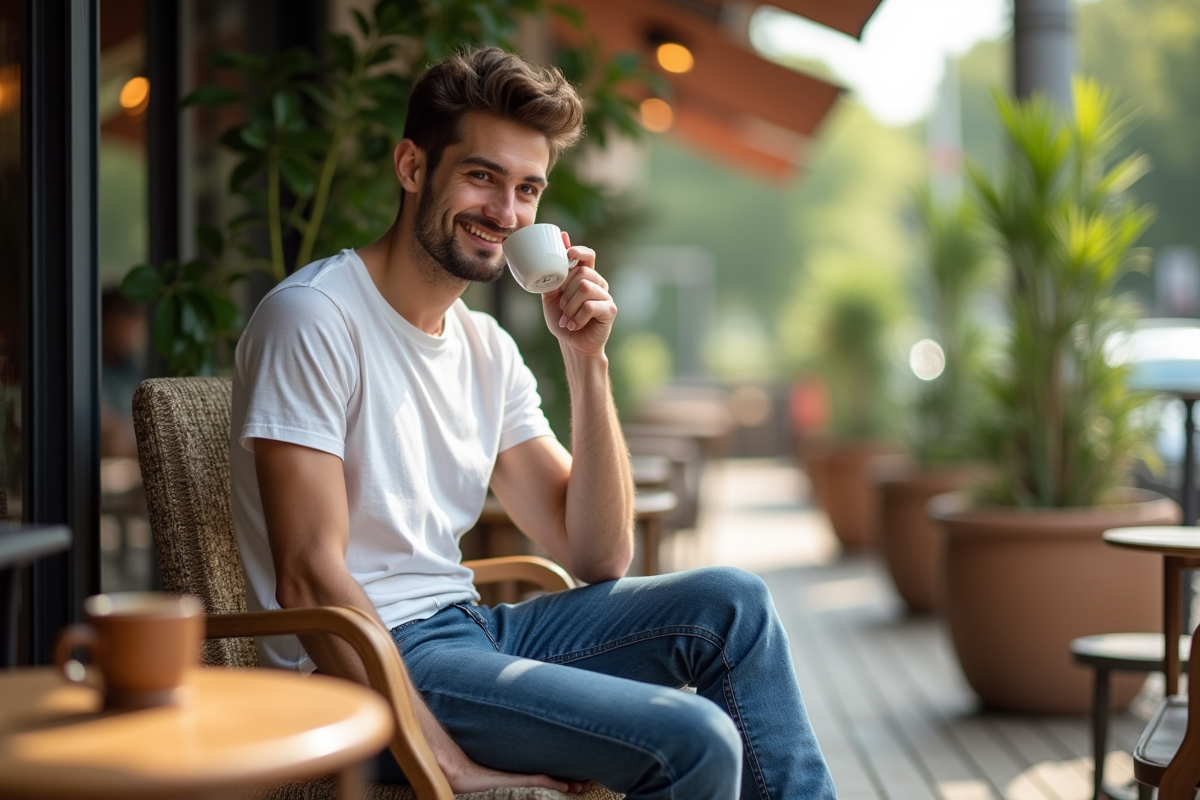 Homme détendu sirotant un café en terrasse