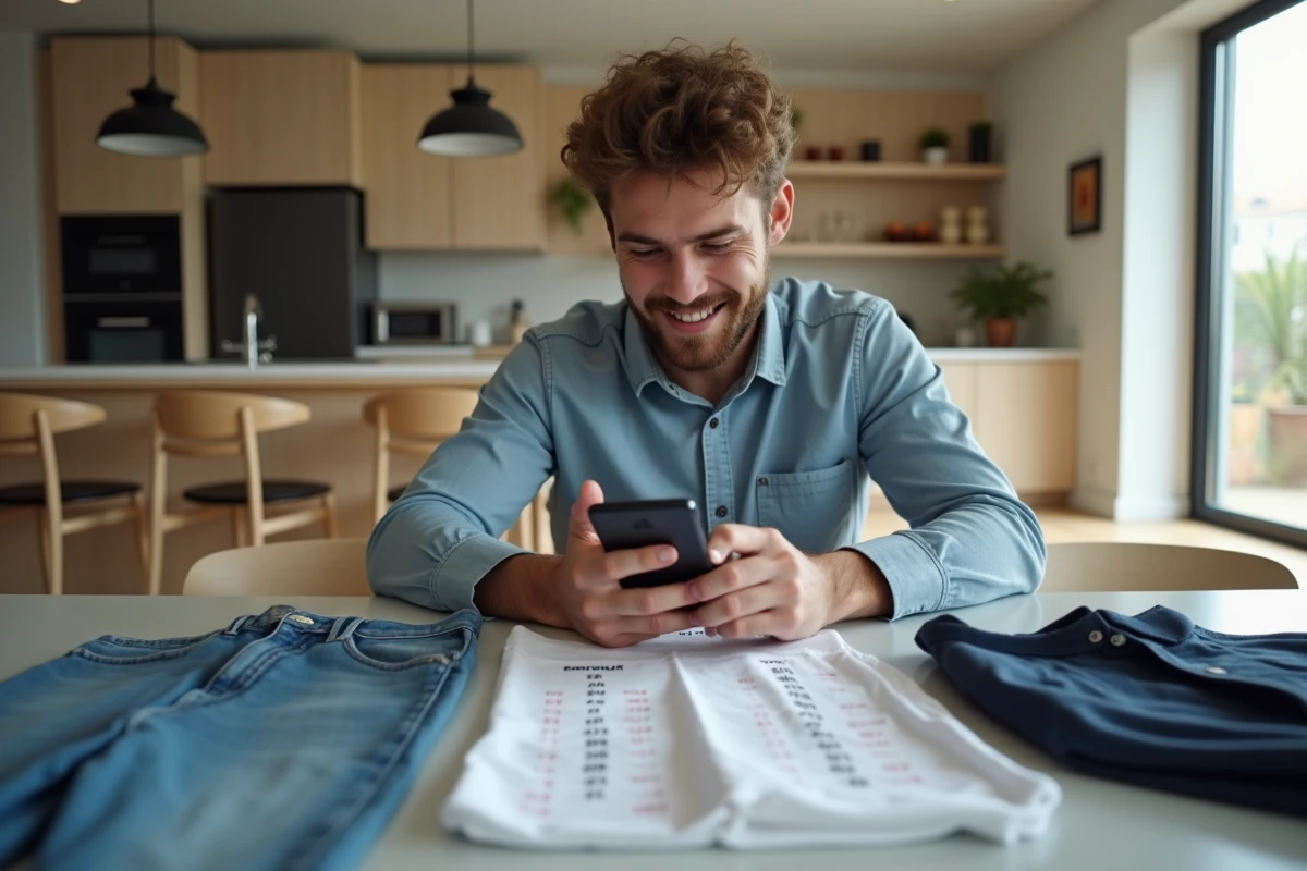 Jeune homme vérifiant la taille des vêtements sur son smartphone