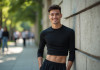Jeune homme confiant en crop top noir dans un parc urbain