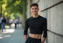 Jeune homme confiant en crop top noir dans un parc urbain