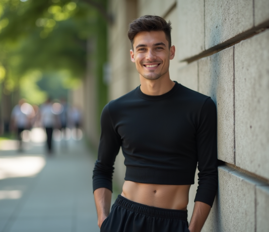 Jeune homme confiant en crop top noir dans un parc urbain