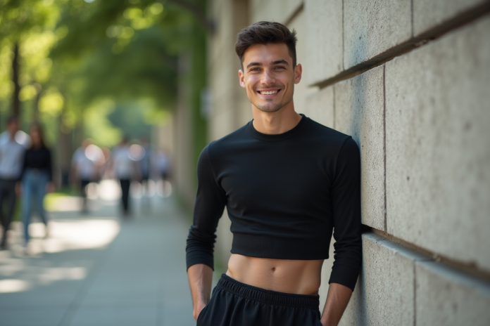 jeune-homme-crop-top-urbain Jeune homme confiant en crop top noir dans un parc urbain