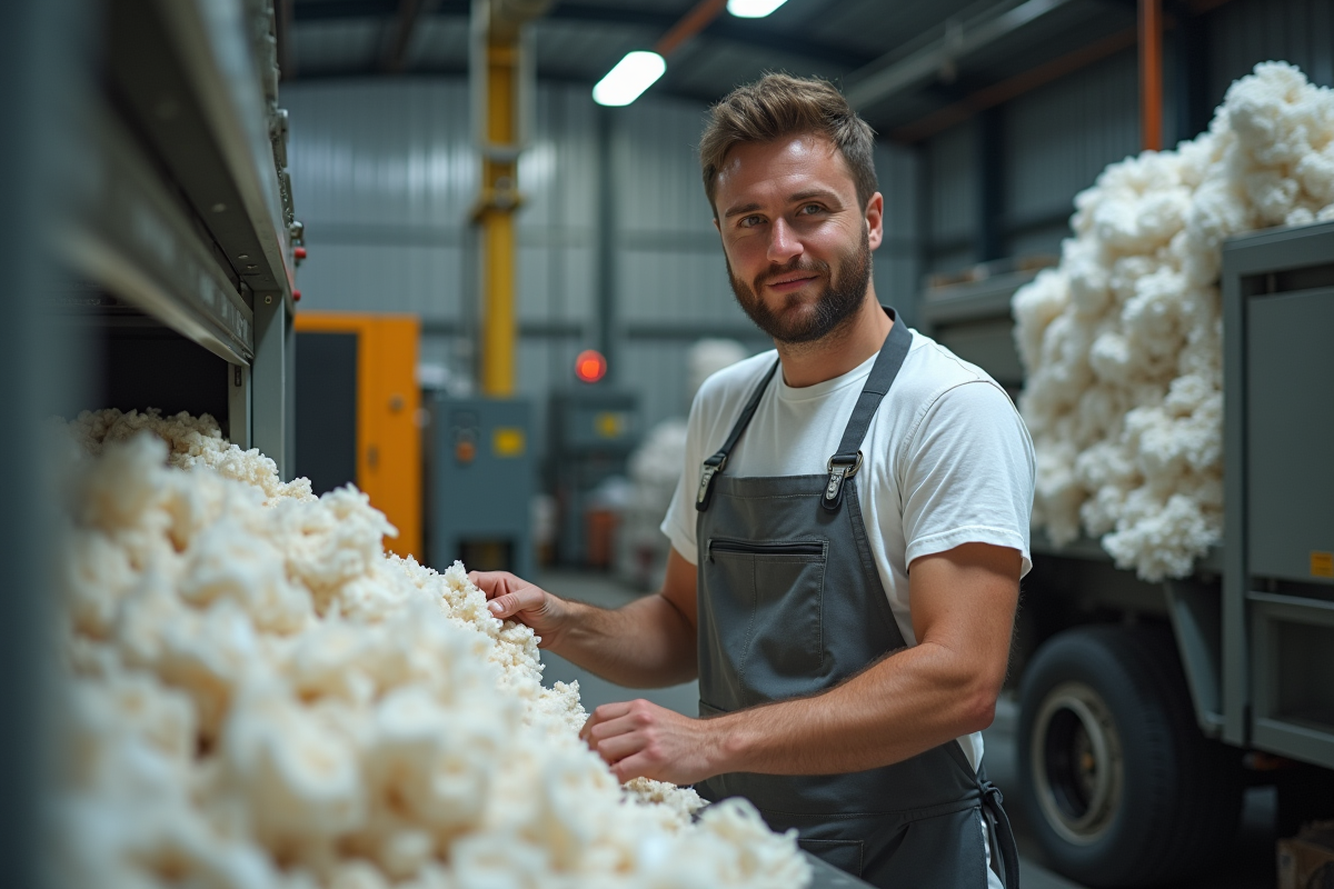 Jeune homme utilisant une machine de recyclage textile industriel