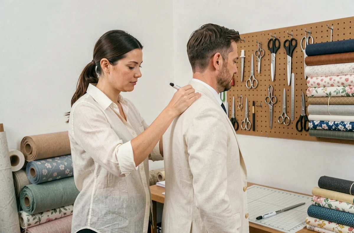 Tailleuse prenant les mesures d'un client pour un veston en lin dans son studio de couture à Strasbourg