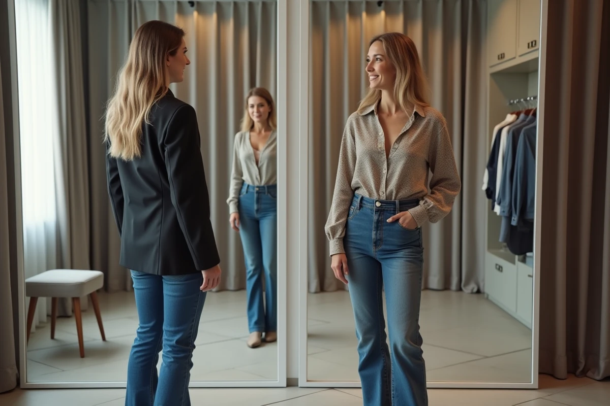 Deux femmes de morphologies différentes essayant des tenues Kiabi jeans et blazer dans une cabine d'essayage moderne