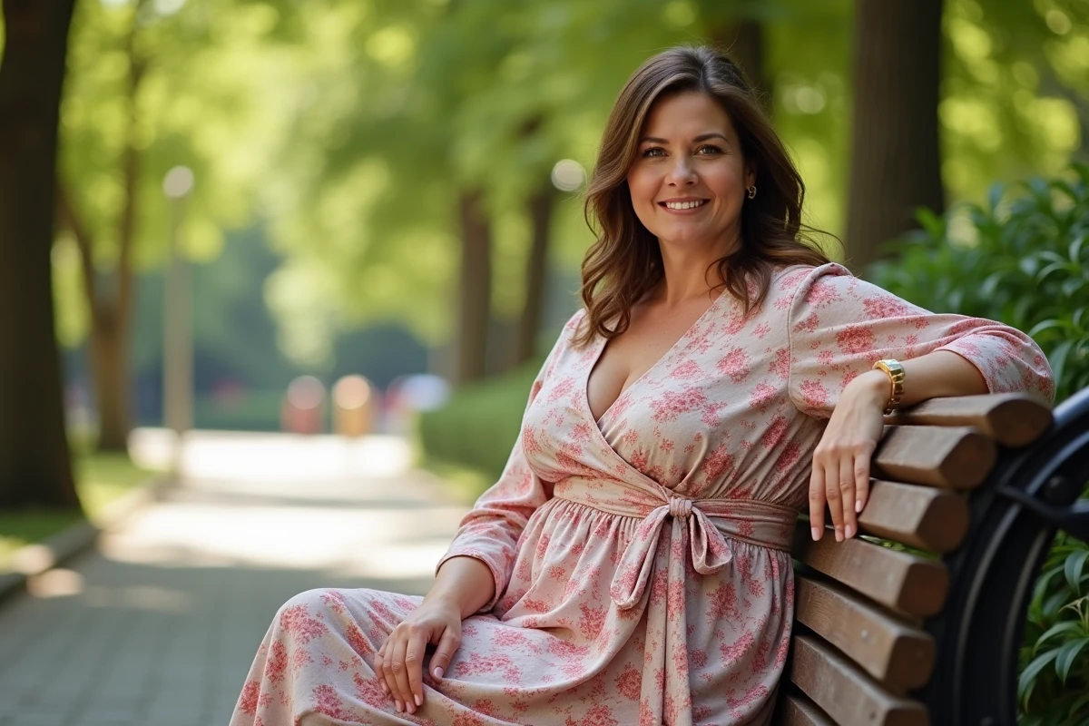 Femme ronde en robe portefeuille Kiabi fleurie à ceinture dans un parc urbain ensoleillé