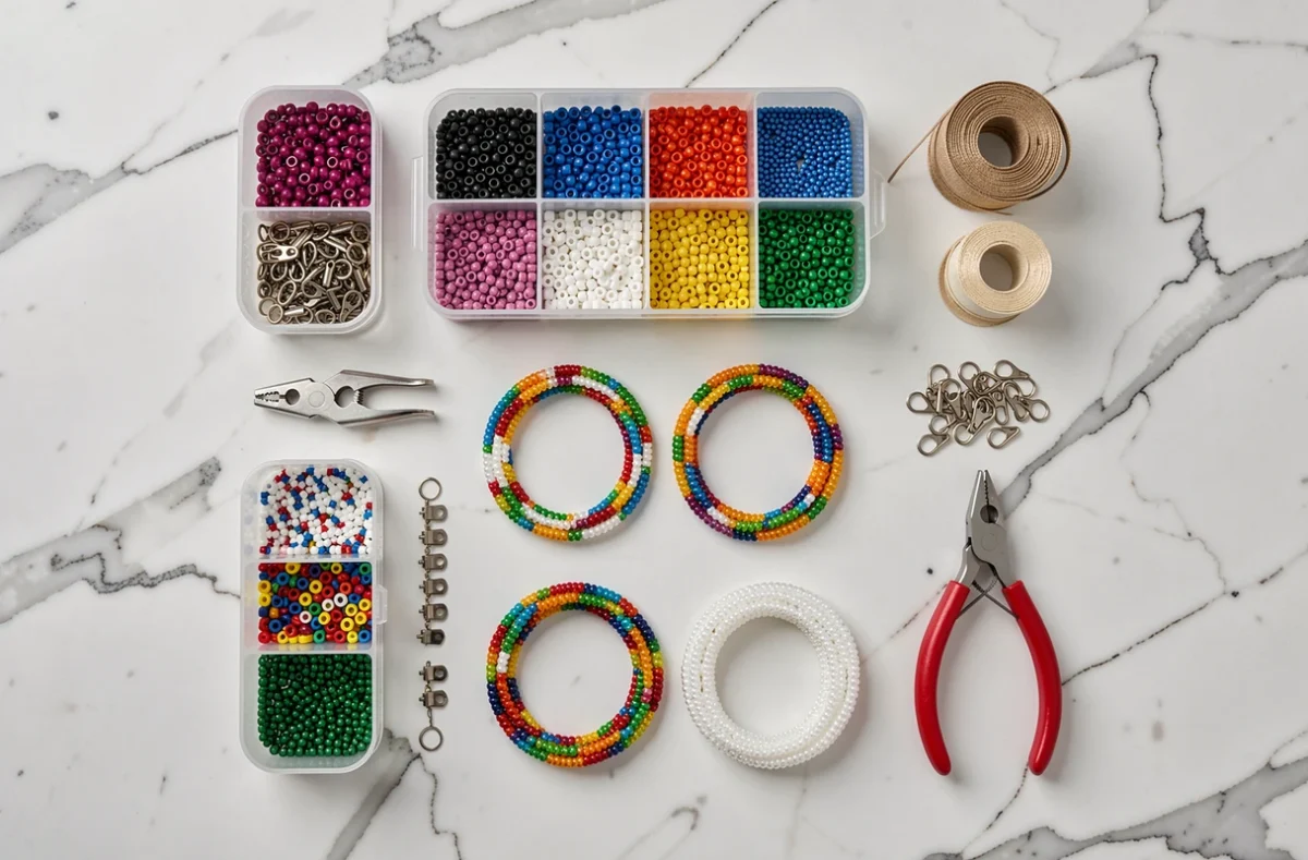 Kit de création de bracelets DIY avec perles, fils et outils disposés en flat lay sur marbre blanc