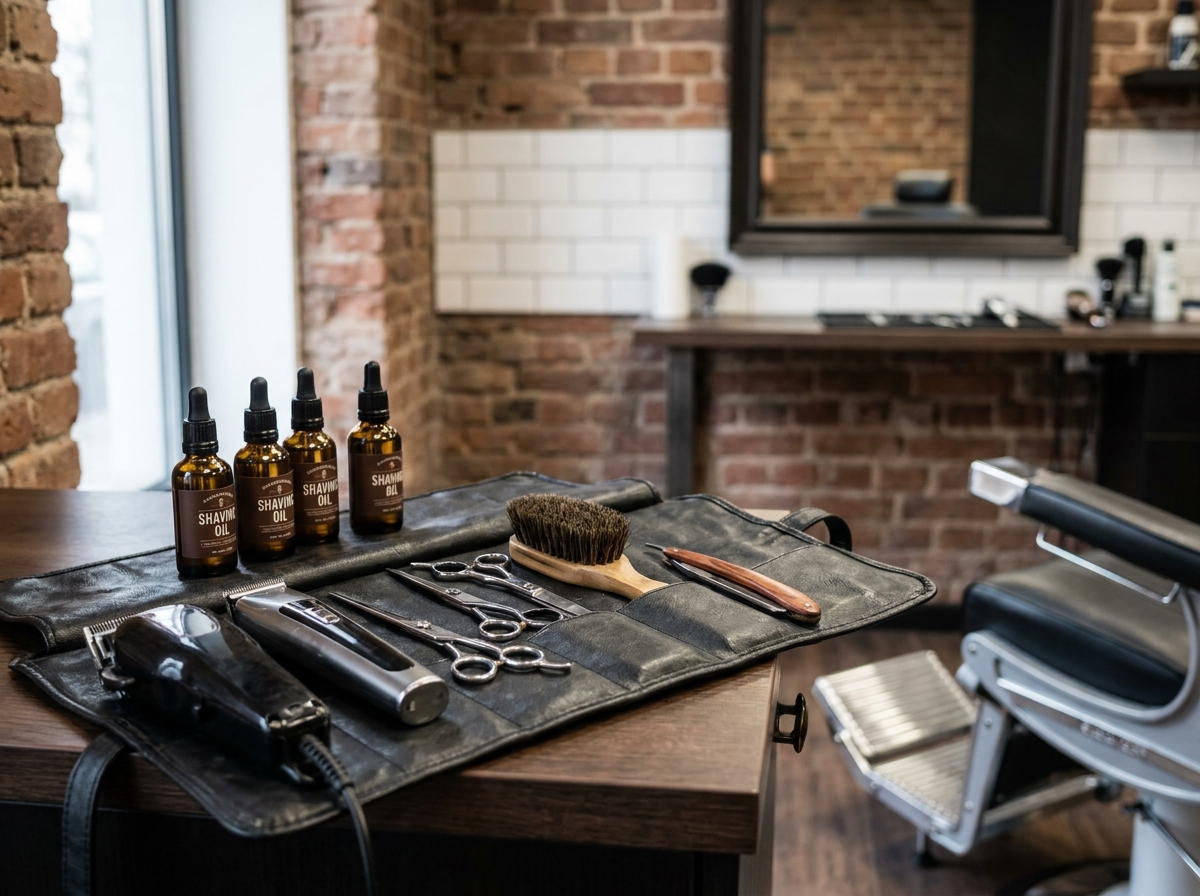 Kit d'outils professionnels pour barbier déroulé sur un comptoir de salon de coiffure moderne