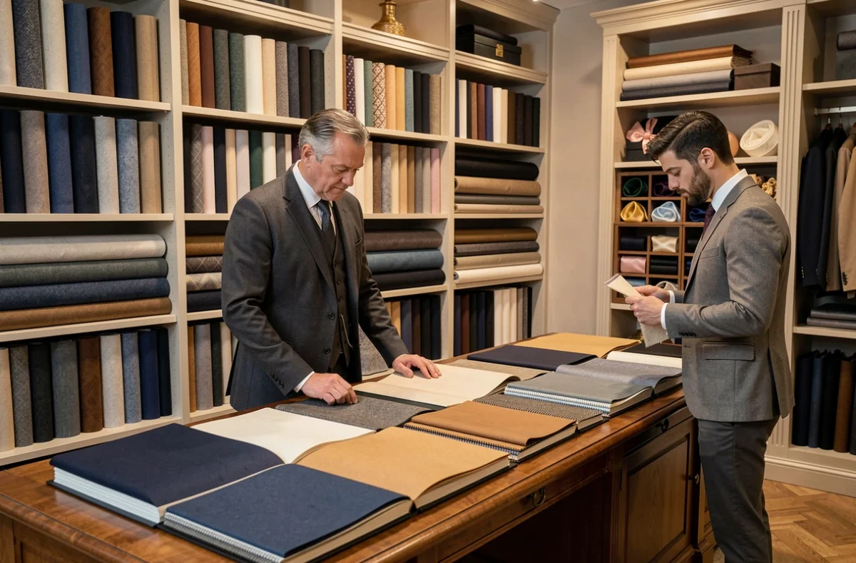 Tailleur de luxe consultant avec un client autour des échantillons de tissus dans sa boutique à Metz