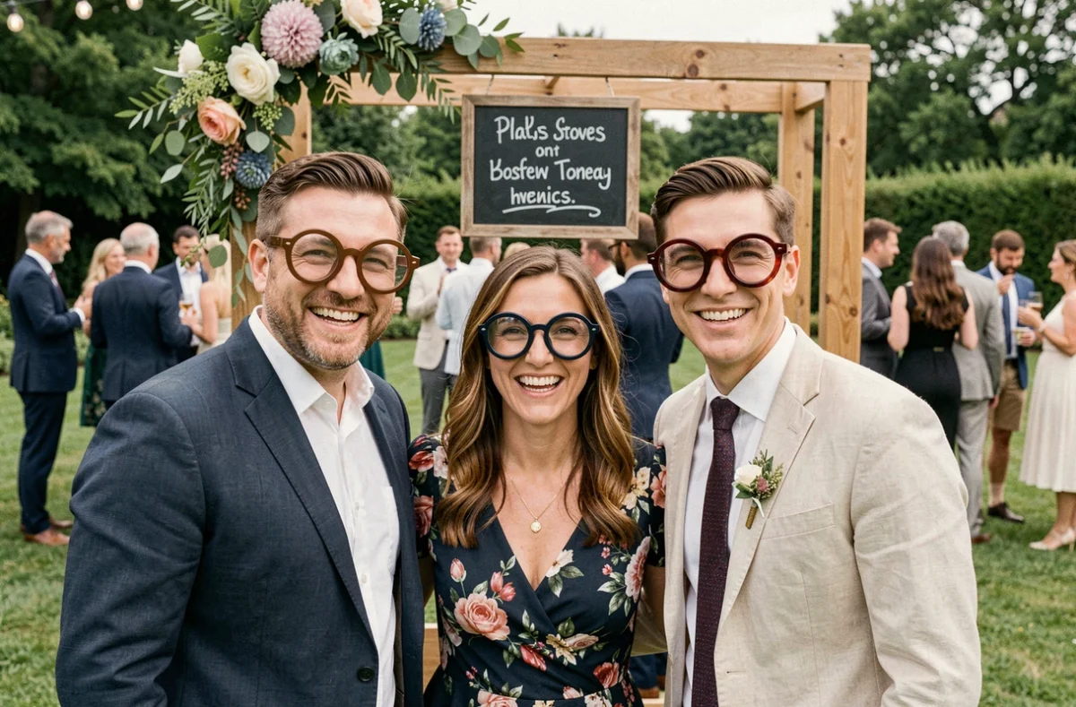Groupe d'amis portant des lunettes cul de bouteille lors d'un photo booth en plein air lors d'un mariage champêtre