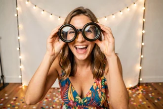 Jeune femme hilare portant des lunettes cul de bouteille géantes devant un photo booth festif décoré de guirlandes lumineuses