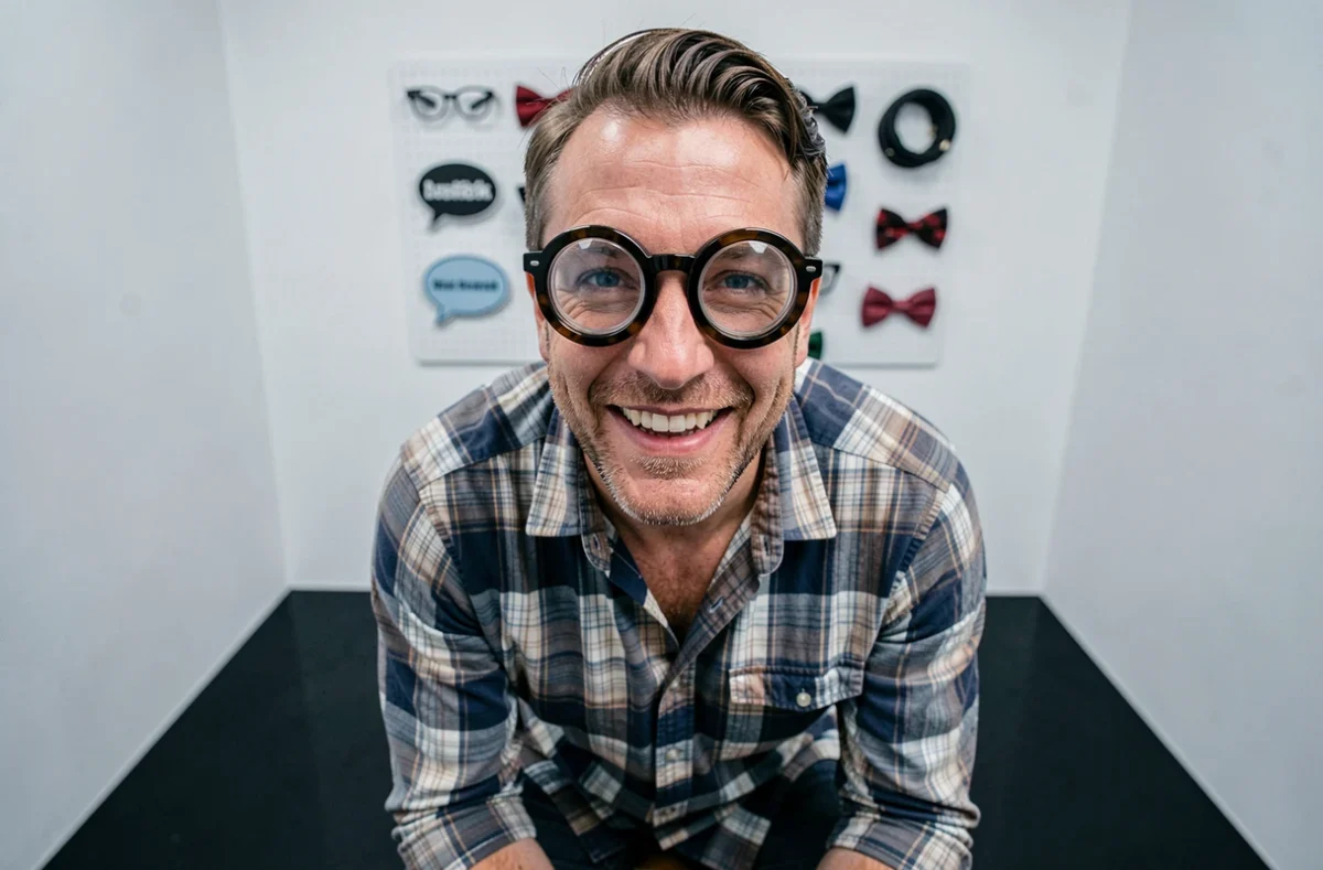 Homme adulte souriant avec des lunettes cul de bouteille assis dans un studio photo booth moderne aux murs blancs