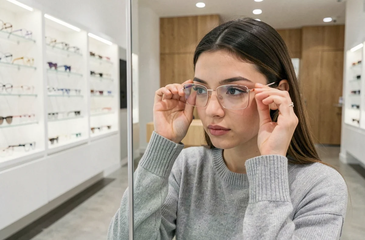 Jeune femme essayant des lunettes de vue rectangulaires légères à monture dorée rose dans une boutique d'optique moderne, se regardant dans un miroir