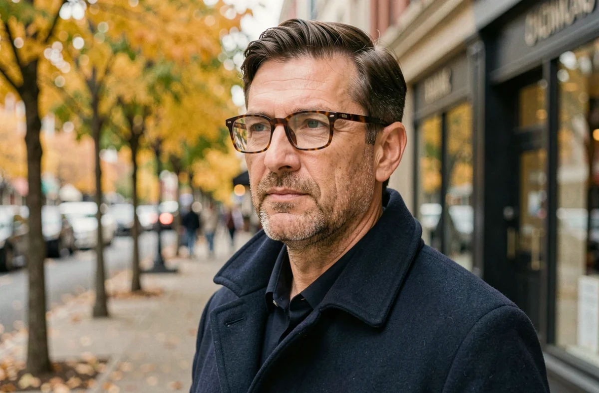 Homme d'âge moyen portant des lunettes rectangulaires légères en acétate écaille, debout sur un trottoir urbain en automne avec des feuilles dorées en arrière-plan