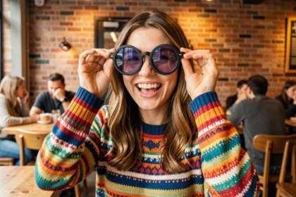Jeune femme souriante portant des lunettes cul de bouteille rondes oversize dans un café urbain tendance