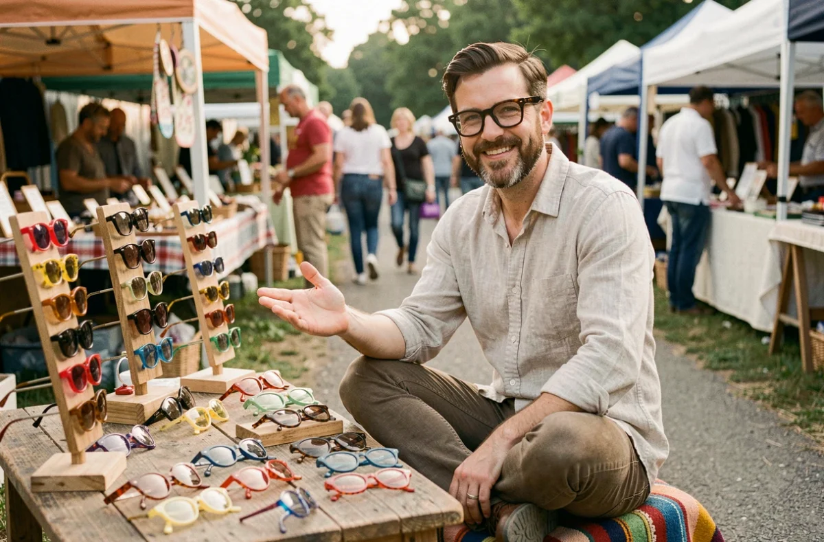 Homme barbu essayant des lunettes cul de bouteille fun dans un marché aux puces vintage