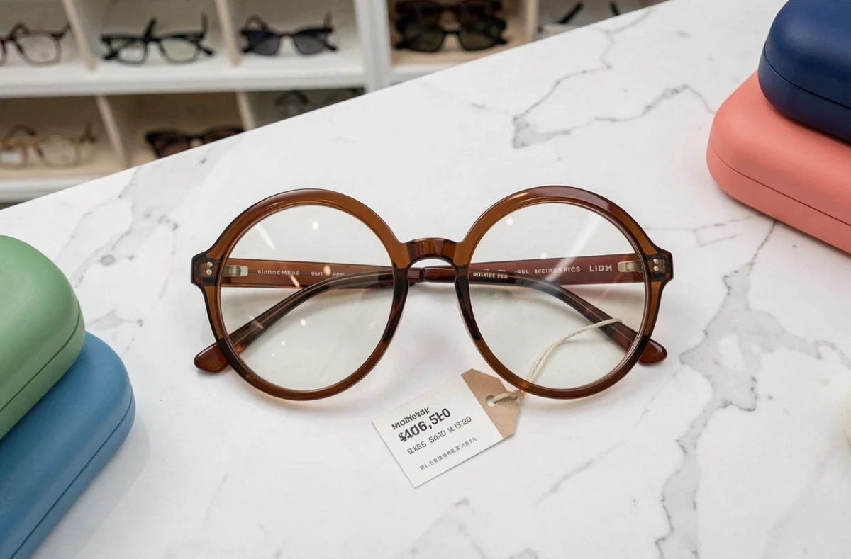 Lunettes cul de bouteille posées sur un comptoir d'opticien avec étiquette de prix et étuis colorés