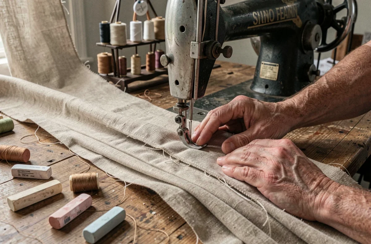 Gros plan sur une machine à coudre industrielle cousant l'ourlet d'un rideau en lin épais, atelier de retouche linge de maison Paris