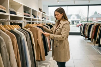 Femme faisant du shopping dans un magasin C&A à Noyelles-Godault, parcourant un rayon de vêtements en 2026