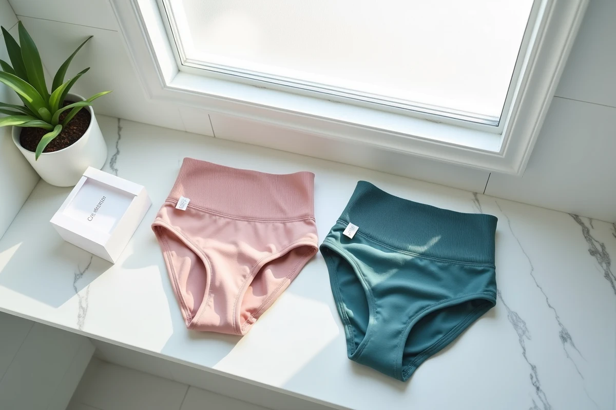 Deux maillots de bain menstruels MademoiselleCulotte pliés sur une étagère de salle de bain avec leur emballage