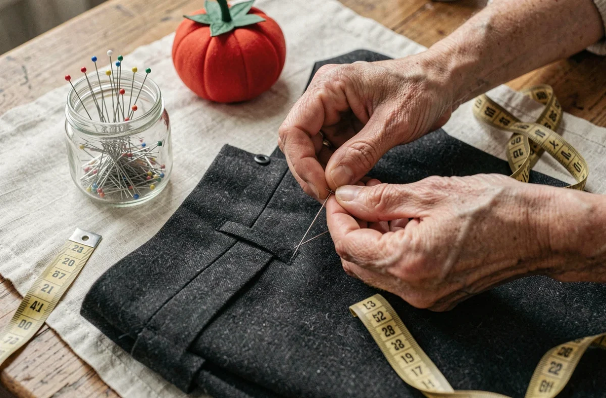 Mains expertes enfilant une aiguille pour une reprise délicate sur un pantalon en laine à domicile