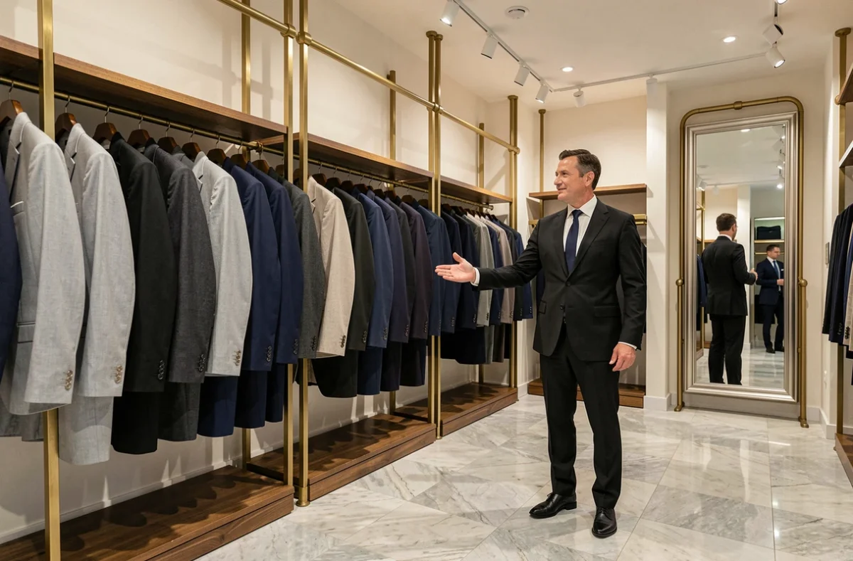 Boutique de costumes haut de gamme à Strasbourg avec rangées de complets sur mesure et conseiller élégant