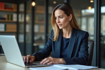 Manager femme en costume navy au bureau avec ordinateur