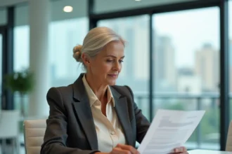Mannequin senior femme aux cheveux argentés signant un contrat dans une agence de mannequinat moderne