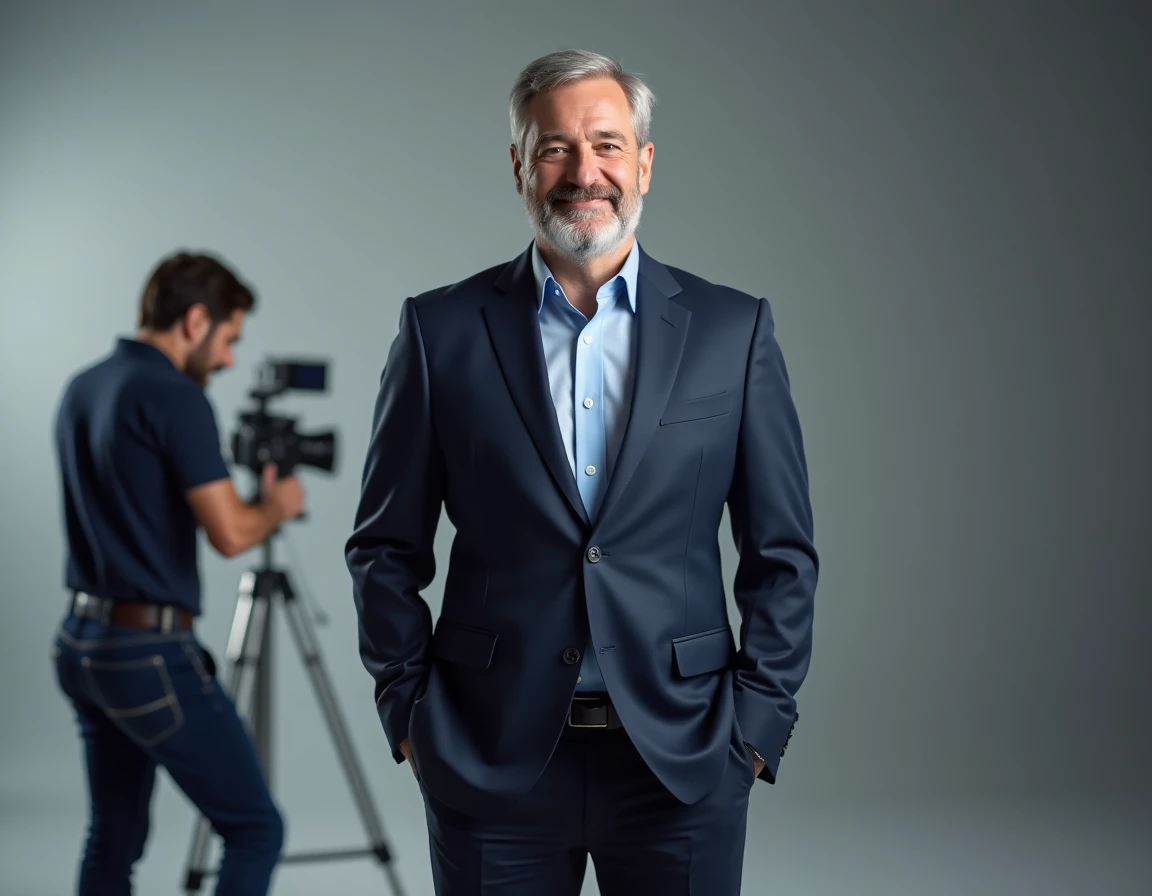 Mannequin senior homme en costume lors d'un casting commercial en studio professionnel