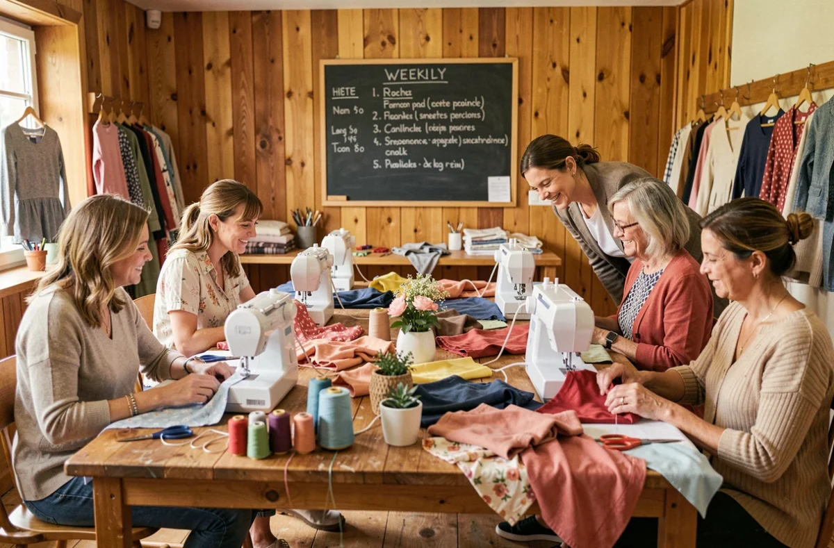 Groupe de femmes participant à un atelier de couture créative autour d'une grande table de travail lors des Mardis Couture Créative