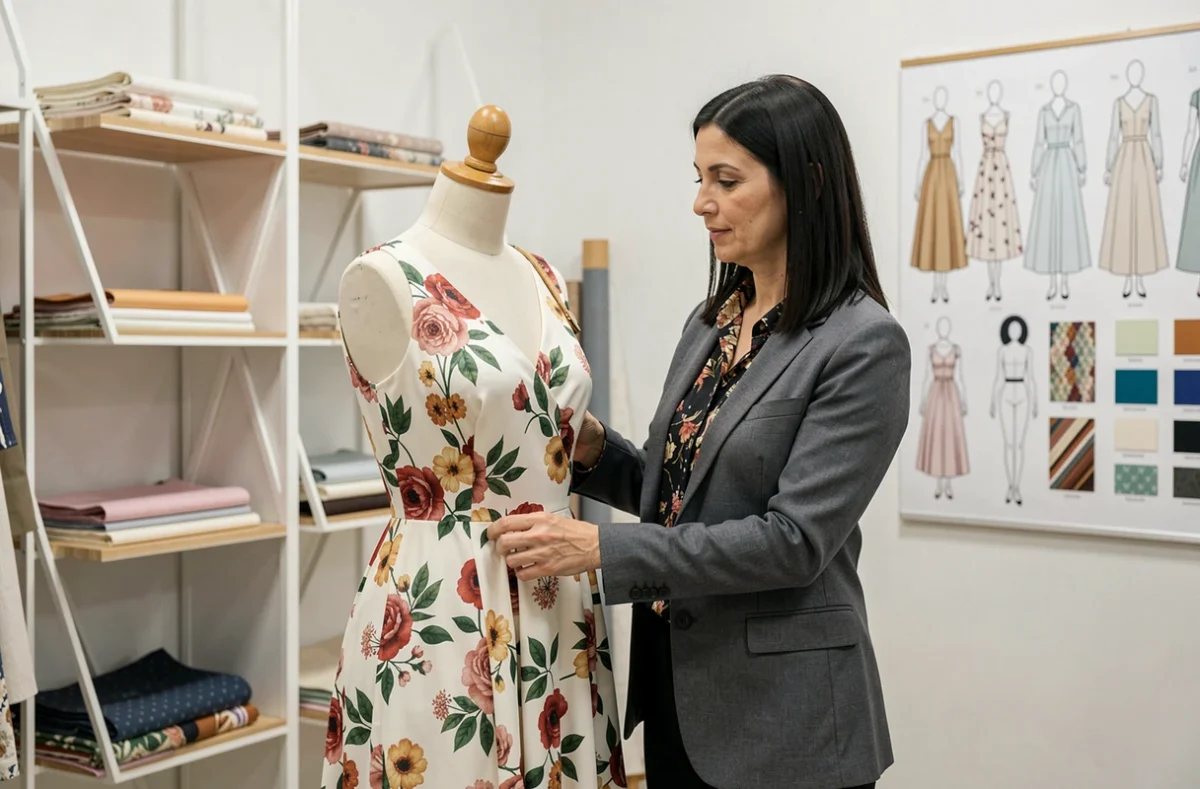 Créatrice de mode ajustant une robe fleurie sur un mannequin dans la boutique Marina Mode