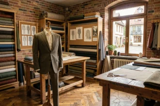 Atelier de tailleur traditionnel dans le Grand Est avec tissus, table de coupe et costume sur mannequin