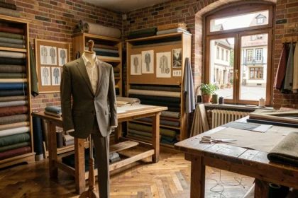 Atelier de tailleur traditionnel dans le Grand Est avec tissus, table de coupe et costume sur mannequin