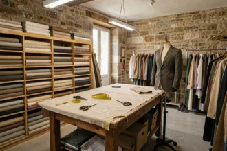 Vue d'ensemble d'un atelier de tailleur artisanal en Loire-Atlantique avec tissus, table de coupe et mannequins de couture