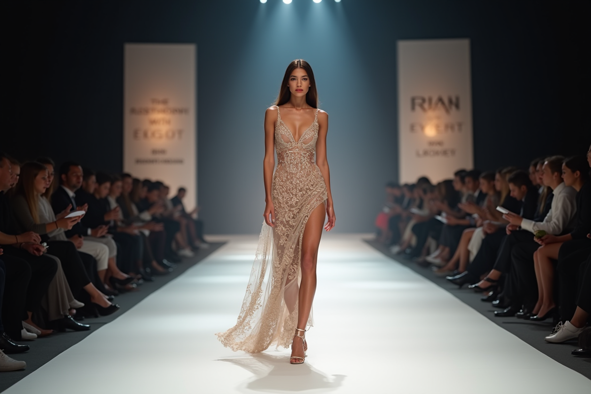 Modèle féminin marche sur le podium lors d un défilé de mode