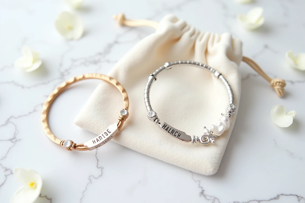 Flat lay de trois bracelets de communion fille en or et argent gravés au prénom sur velours blanc et marbre