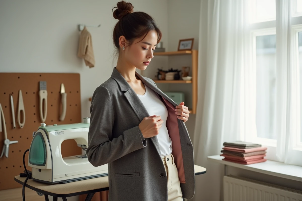 Femme modifiant un vieux blazer en le transformant avec des techniques de couture pour recréer un style Vivienne Westwood à moindre coût