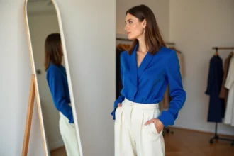 Femme à morphologie en poire portant un pantalon large ivoire et un top blouse cobalt structuré dans une boutique parisienne lumineuse, illustrant les bonnes coupes pour sa silhouette en 2026