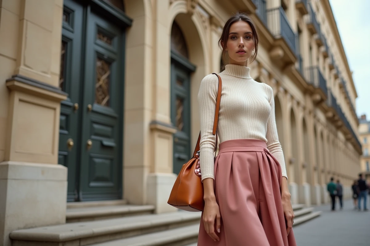 Femme à morphologie rectangulaire portant une jupe midi à volants rose poudré et un col roulé crème côtelé devant un immeuble haussmannien, tendances coupes mode 2026 adaptées à la silhouette