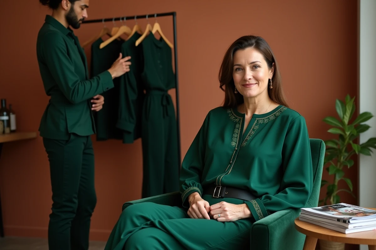 Femme à morphologie ronde en consultation avec une styliste portant un ensemble monochrome vert forêt à coupe empire dans un studio moderne, conseils de style et bonnes coupes pour la silhouette 2026