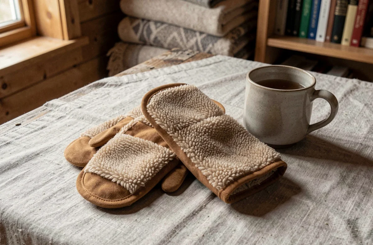 Moufles doublées sherpa posées sur une table en bois rustique avec une tasse de thé, vue de dessus style flat lay