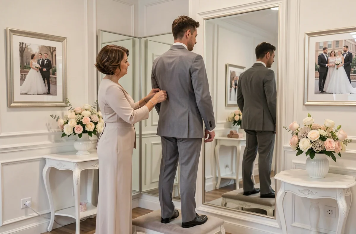 Essayage d'un costume de cérémonie gris perle pour un mariage dans une boutique spécialisée à Nancy