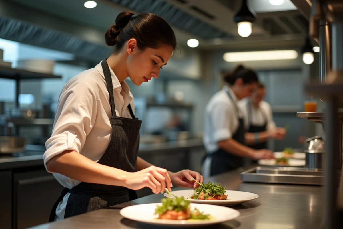Cheffe cuisinière française dressant une assiette gastronomique dans les coulisses d'un restaurant professionnel