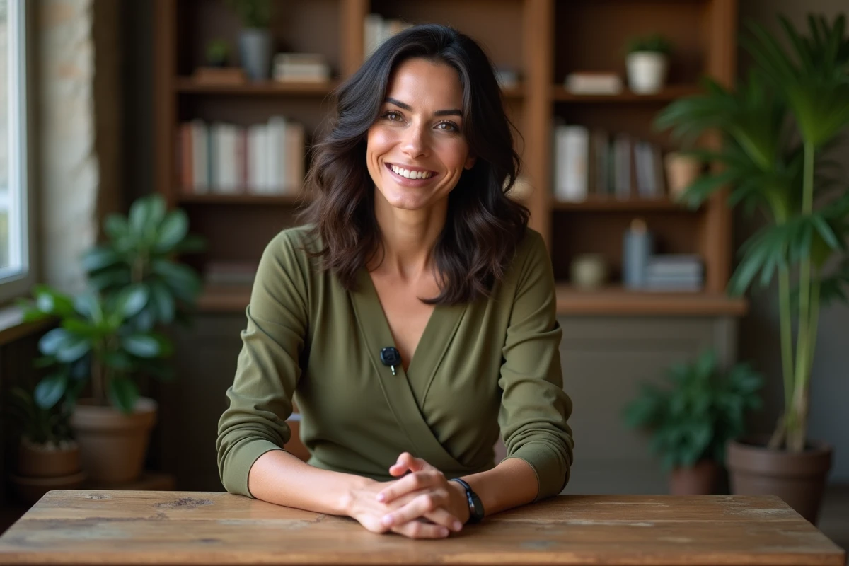 Femme française élégante en entretien presse dans un studio décoré, expression engagée et naturelle