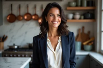 Portrait d'une femme française confiante en veste marine dans une cuisine parisienne moderne, style éditorial