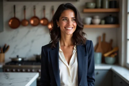 Portrait d'une femme française confiante en veste marine dans une cuisine parisienne moderne, style éditorial