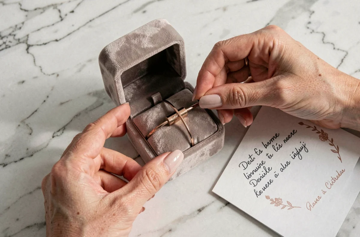 Deux femmes s'offrant un bracelet projection photo en or rose dans un écrin de velours sur un comptoir en marbre pour un anniversaire