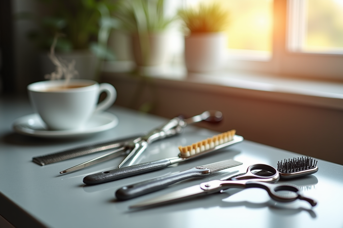 Outils de coiffure rangés avec tasse de café chaude
