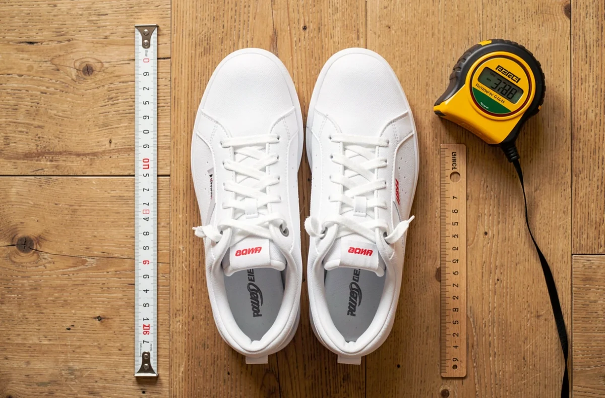 Paire de baskets blanches posée à côté d'un mètre ruban