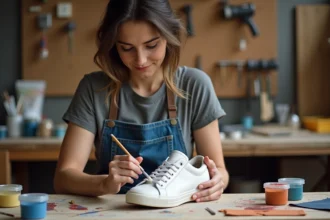 Femme peignant une sneaker en cuir blanc avec de la peinture acrylique dans un atelier artisanal